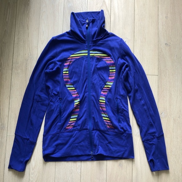 Lululemon Zip Up Striped Logo Jacket in Blue Size 8 - Picture 1 of 14